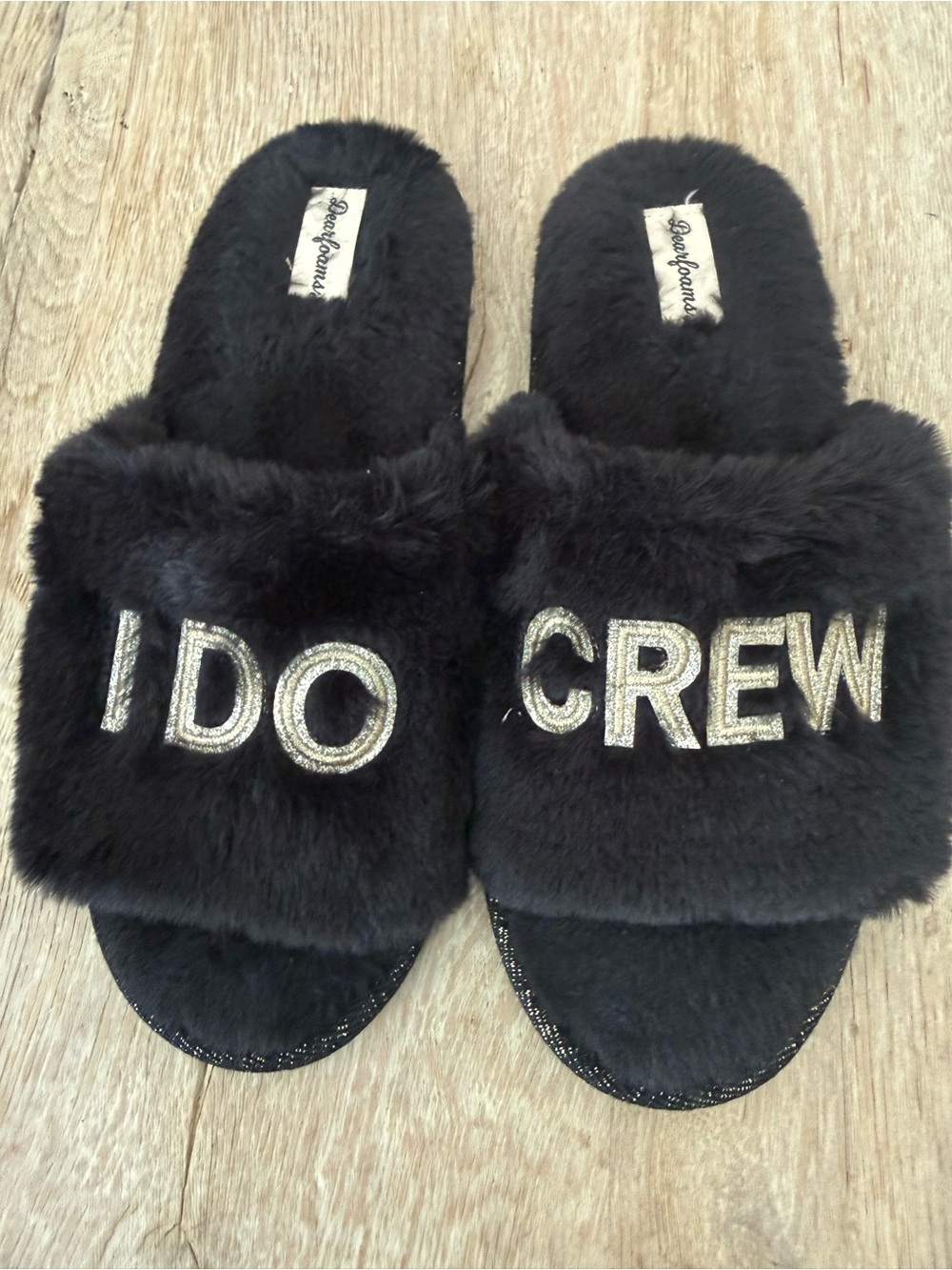 dearfoams Black Faux Fur 'I DO CREW' Slide Slippers with Silver Embroidery